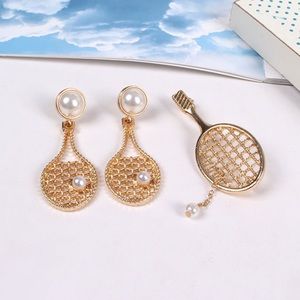 Tennis Racket pearl drop Earrings and brooch set